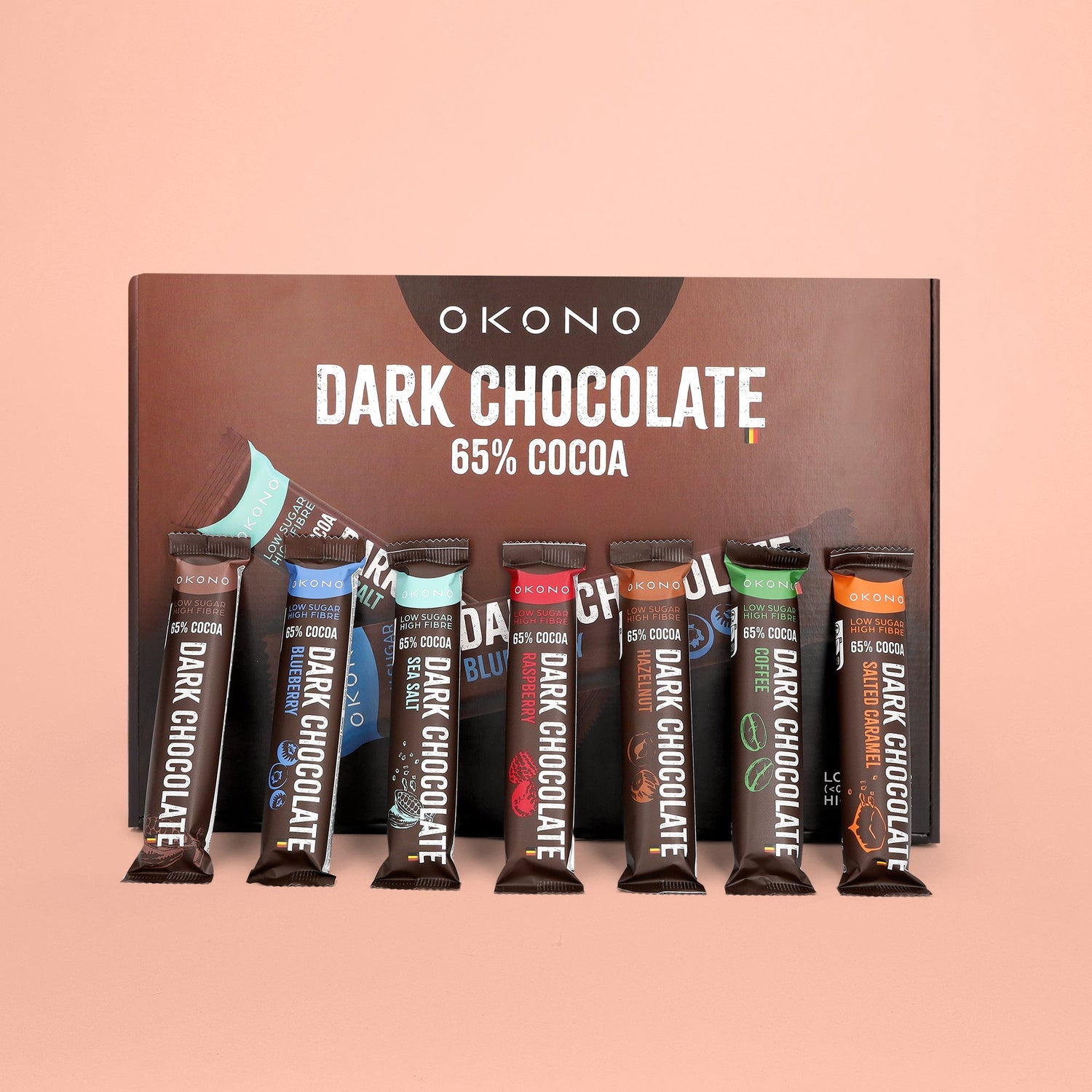 OKONO Chocolate Discovery Box - Pure Chocolate - Blueberry - Sea Salt - Raspberry - Hazelnut - Coffee - Salted Caramel