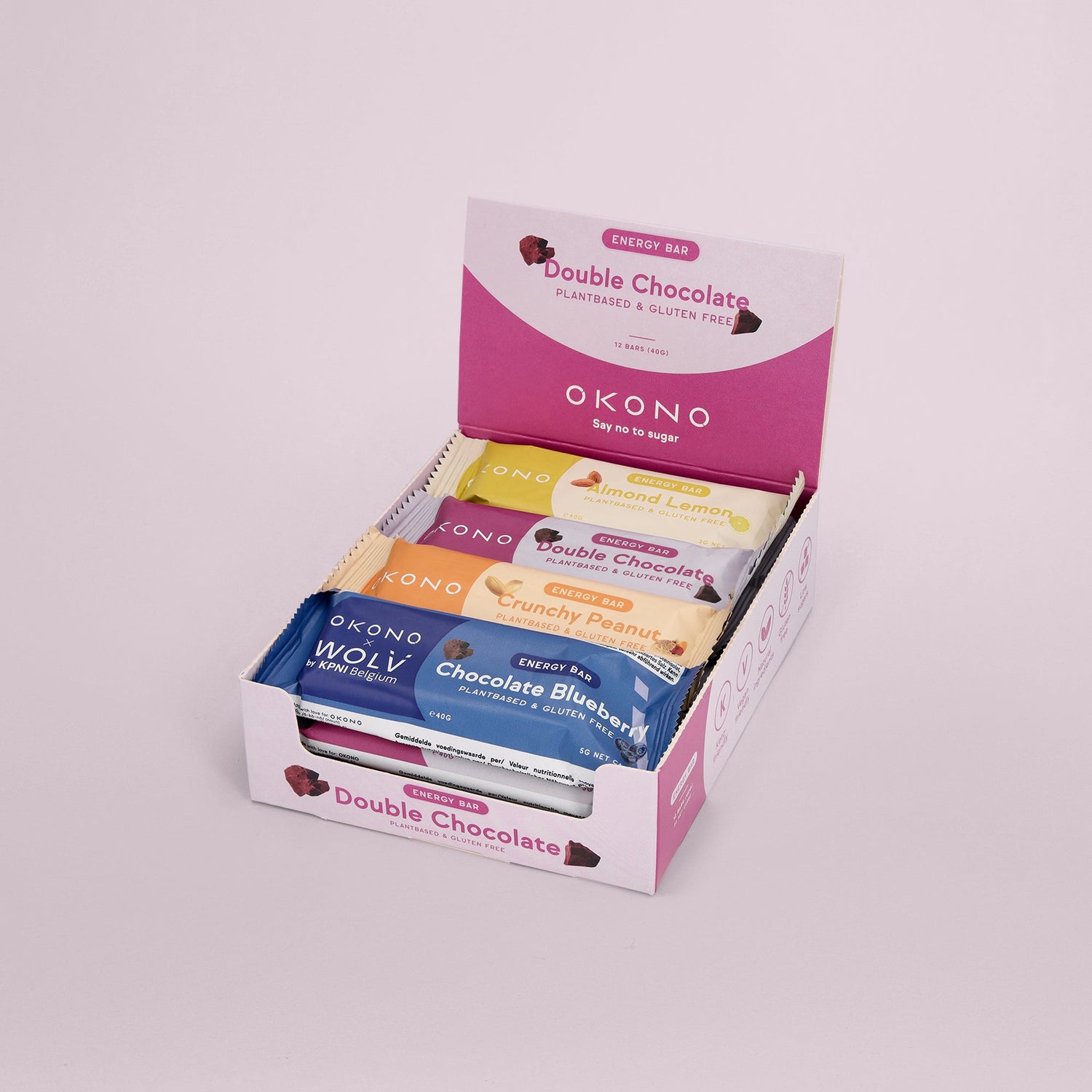 OKONO Keto Energy Bar Mix Box - Chocolate Blueberry, Crunchy Peanut, Double Chocolate, Almond Lemon