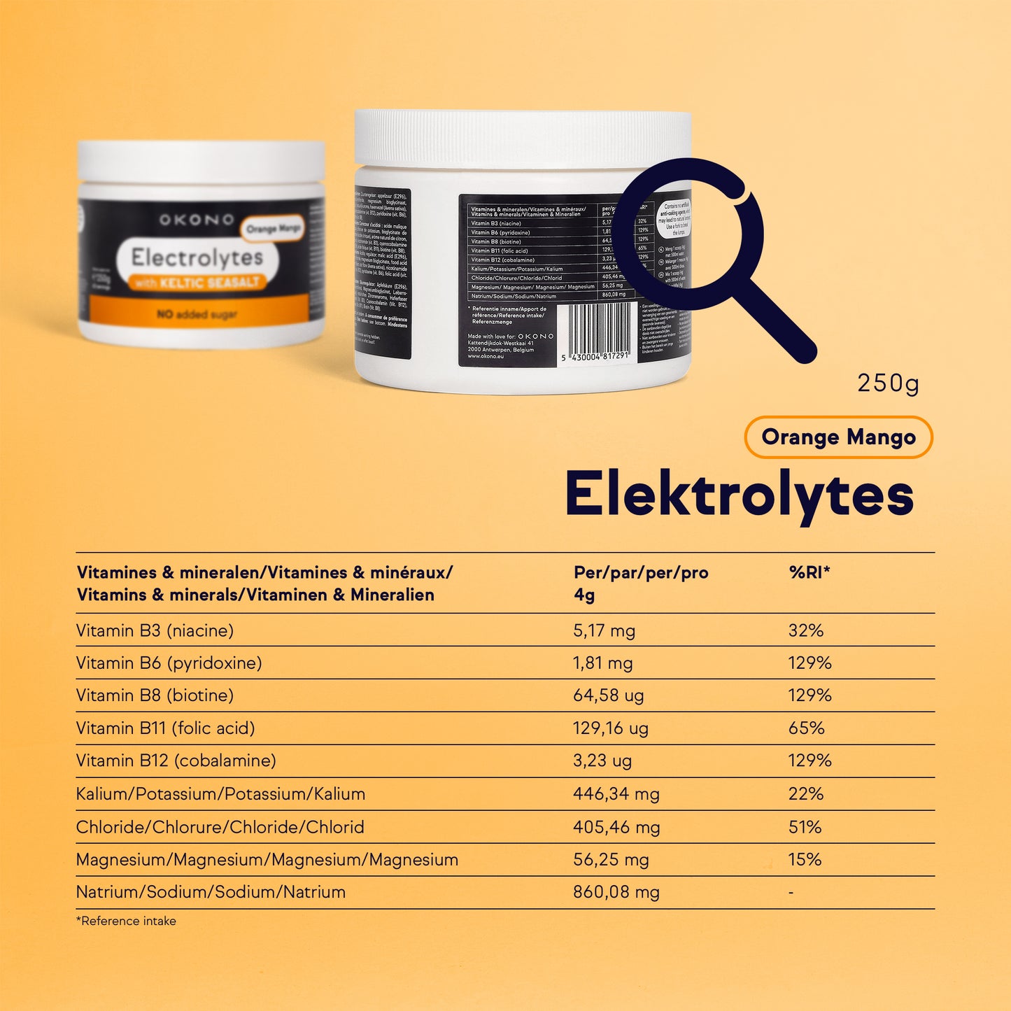 Électrolytes OKONO au Sel Keltique Sans sucre ajouté (250g) Infographie - Orange Mangue