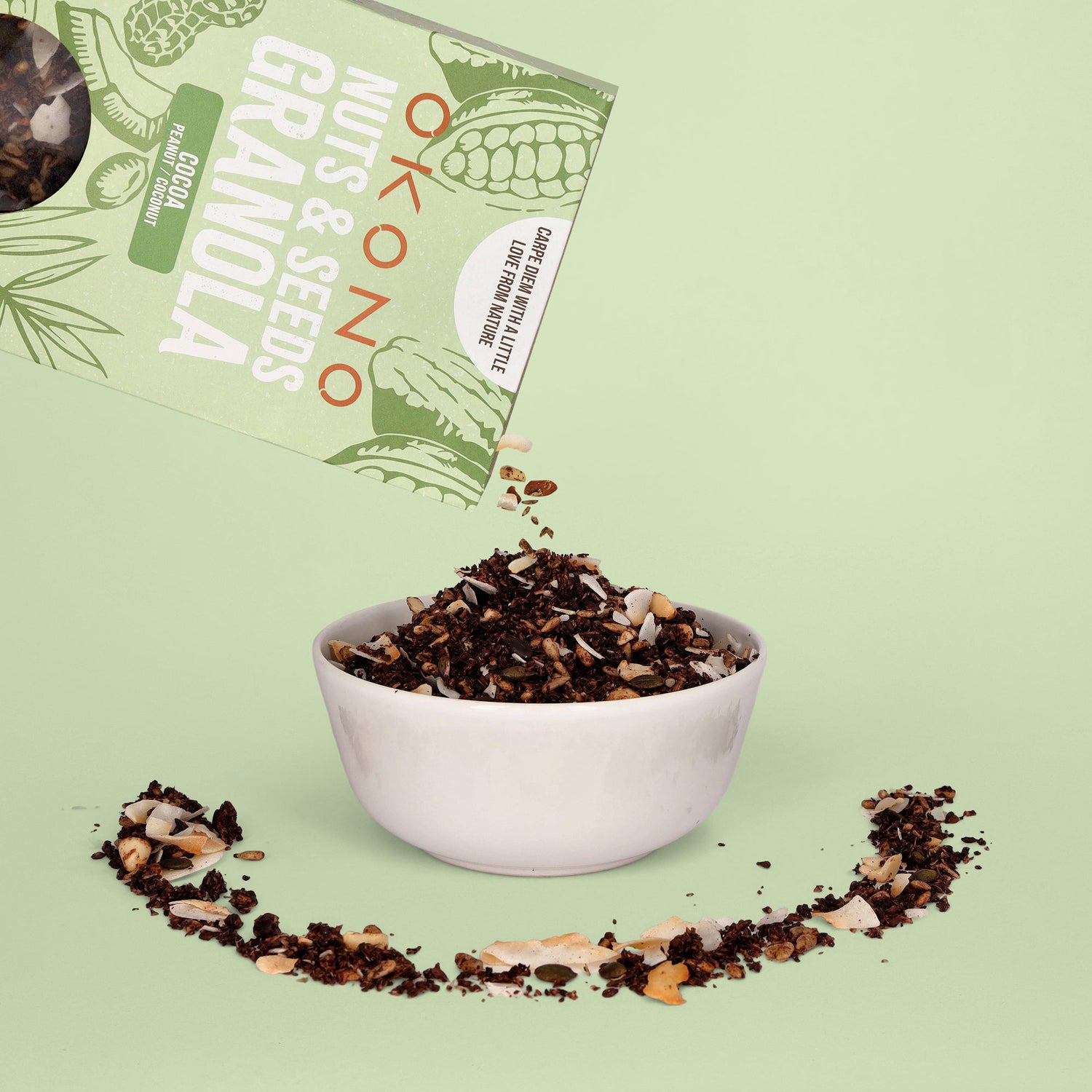 OKONO Nuts & Seeds Bio Granola - Cocoa Peanut Coconut - In a bowl
