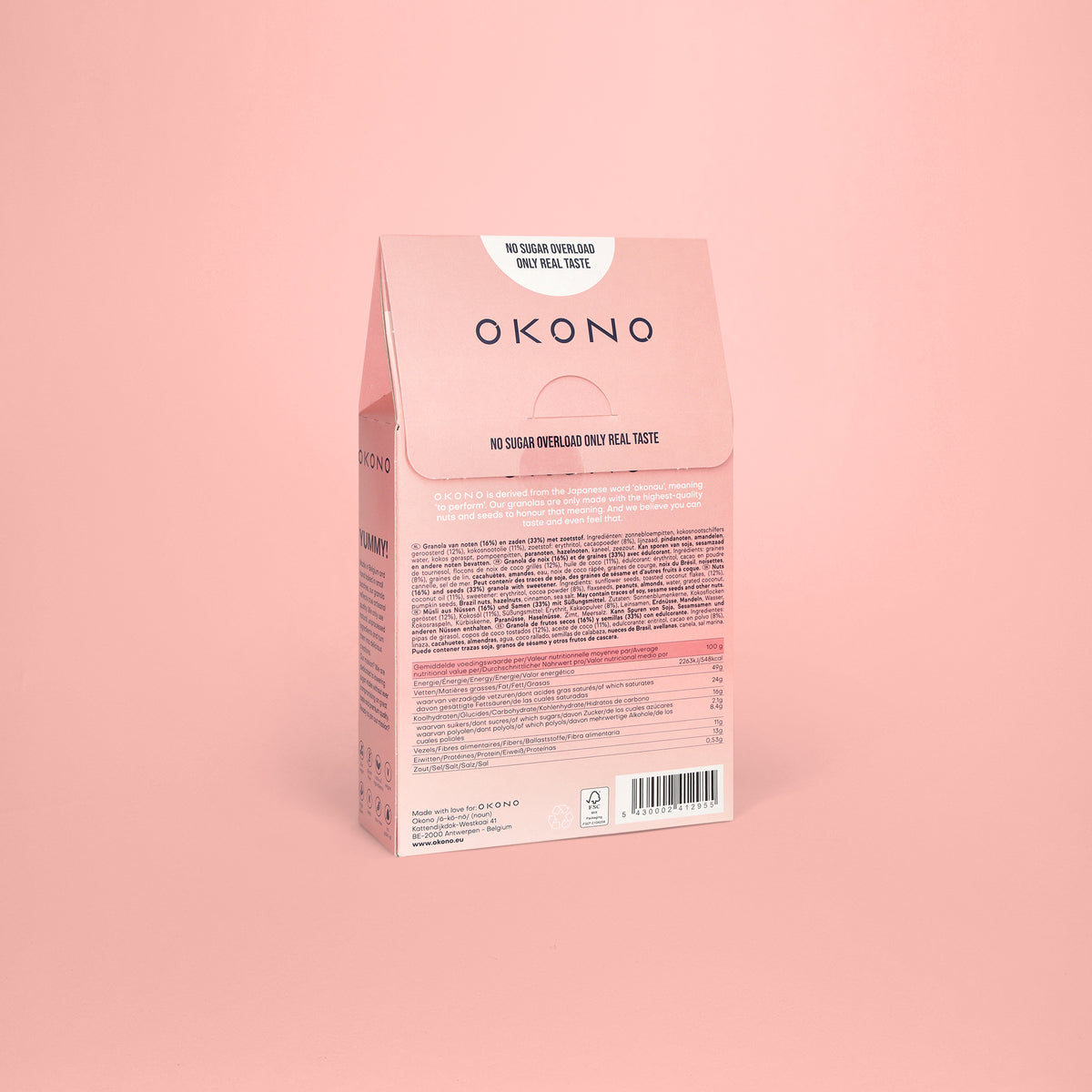 Granola OKONO Noix & Graines - Cocoa Power Noix de coco - Dos de l'emballage