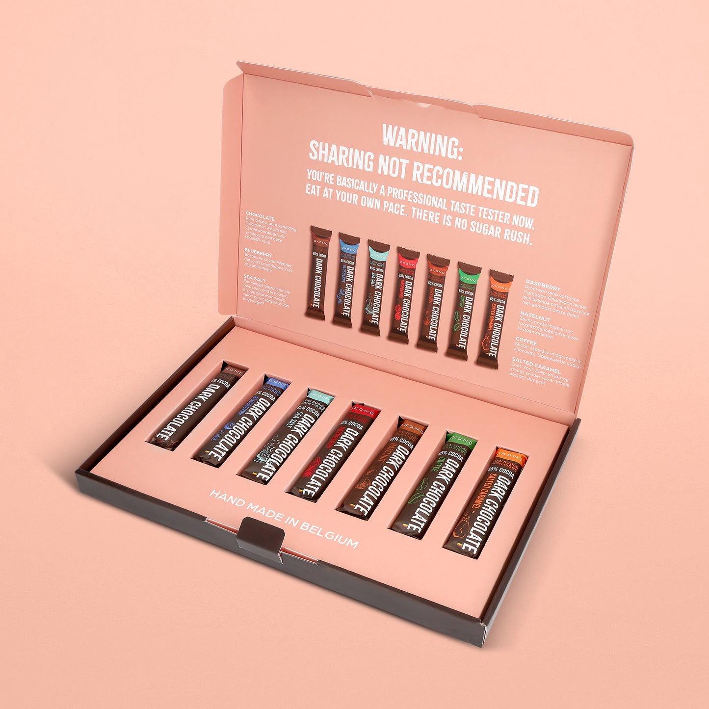 OKONO Chocolate Discovery Box Inside - Pure Chocolate - Blueberry - Sea Salt - Raspberry - Hazelnut - Coffee - Salted Caramel