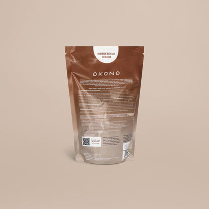 OKONO Chocolate Buttons backside package
OKONO chocolate is handcrafted in Belgium with premium natural ingredients an no added sugar