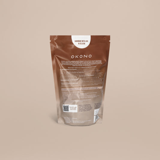 OKONO Chocolate Buttons backside package
OKONO chocolate is handcrafted in Belgium with premium natural ingredients an no added sugar