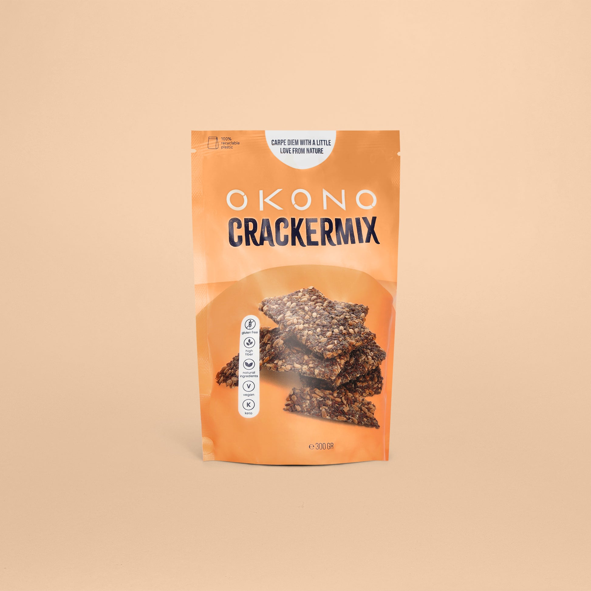 OKONO Crackermix (300g) Front - Gluten Free - High Fiber - Natural Ingredients - Vegan - Keto