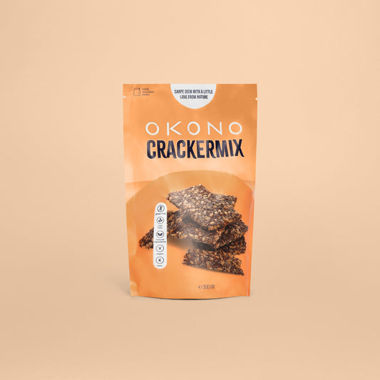 Mélange à crackers OKONO (300g) Face avant - Sans gluten - Riche en fibres - Ingrédients naturels - Végane - Keto