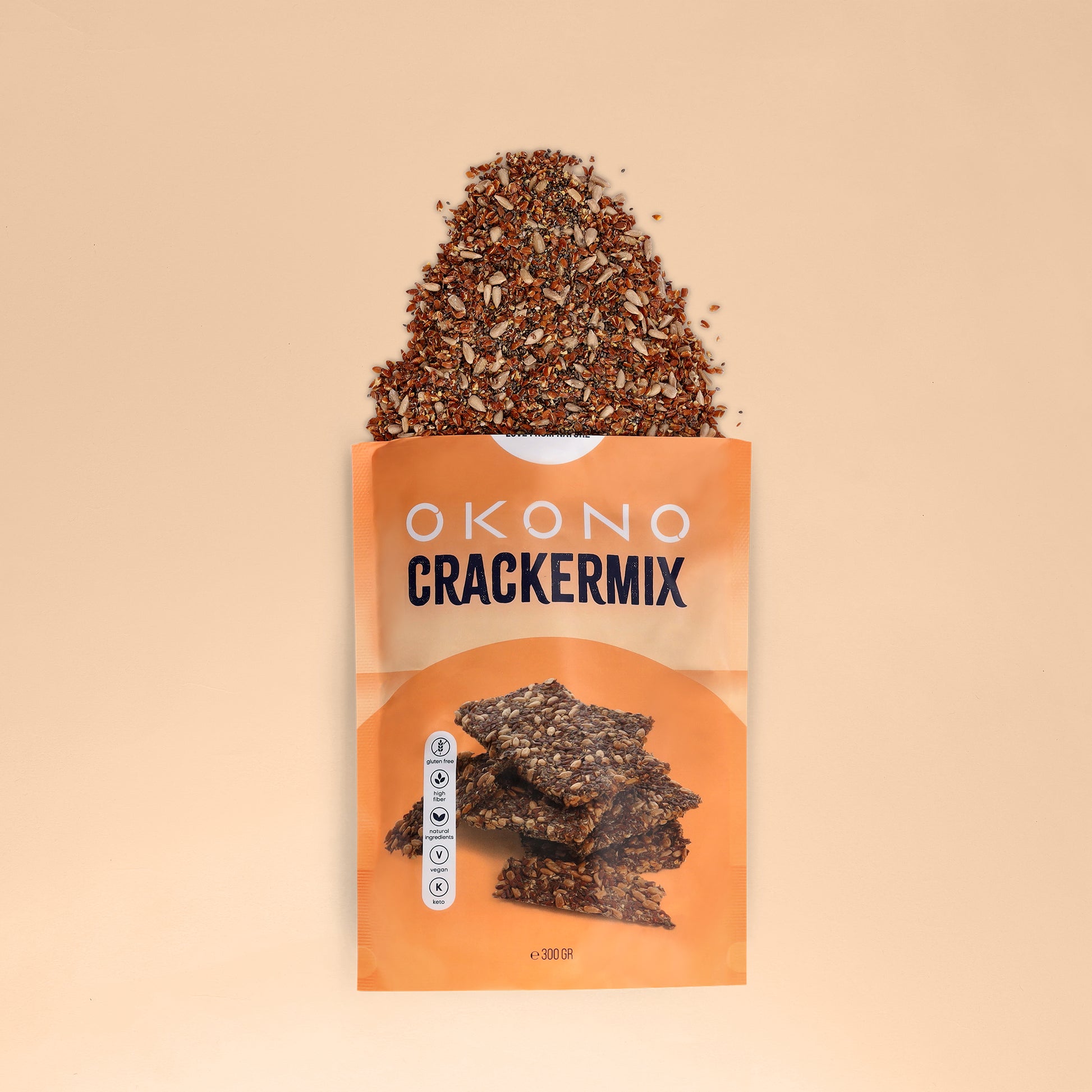 OKONO Crackermix (300g) Open - Gluten Free - High Fiber - Natural Ingredients - Vegan - Keto