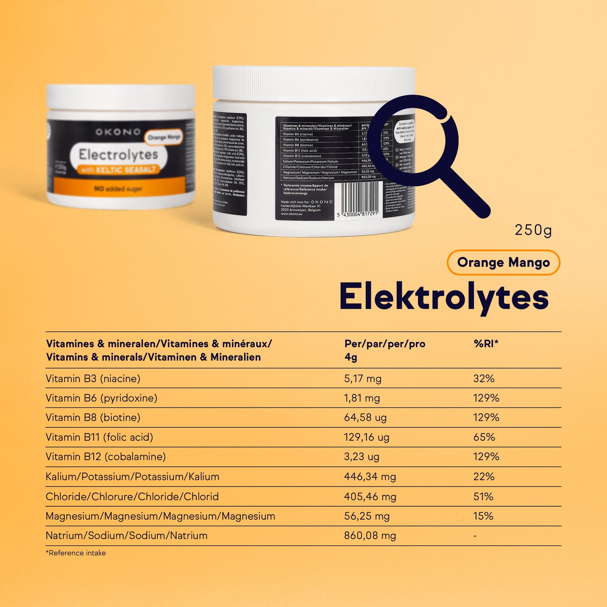 OKONO Electrolytes with Keltic Salt No added sugar (250g) Infographic - Orange Mango