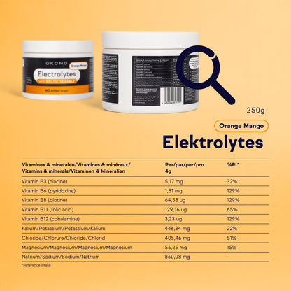 OKONO Electrolytes with Keltic Salt No added sugar (250g) Infographic - Orange Mango