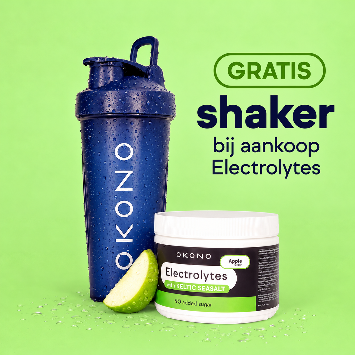 A promotional product shot on a light green background showing a blue OKONO shaker bottle next to a white and green OKONO Electrolytes jar, with a lime slice and Dutch text reading 'GRATIS shaker bij aankoop Electrolytes'.