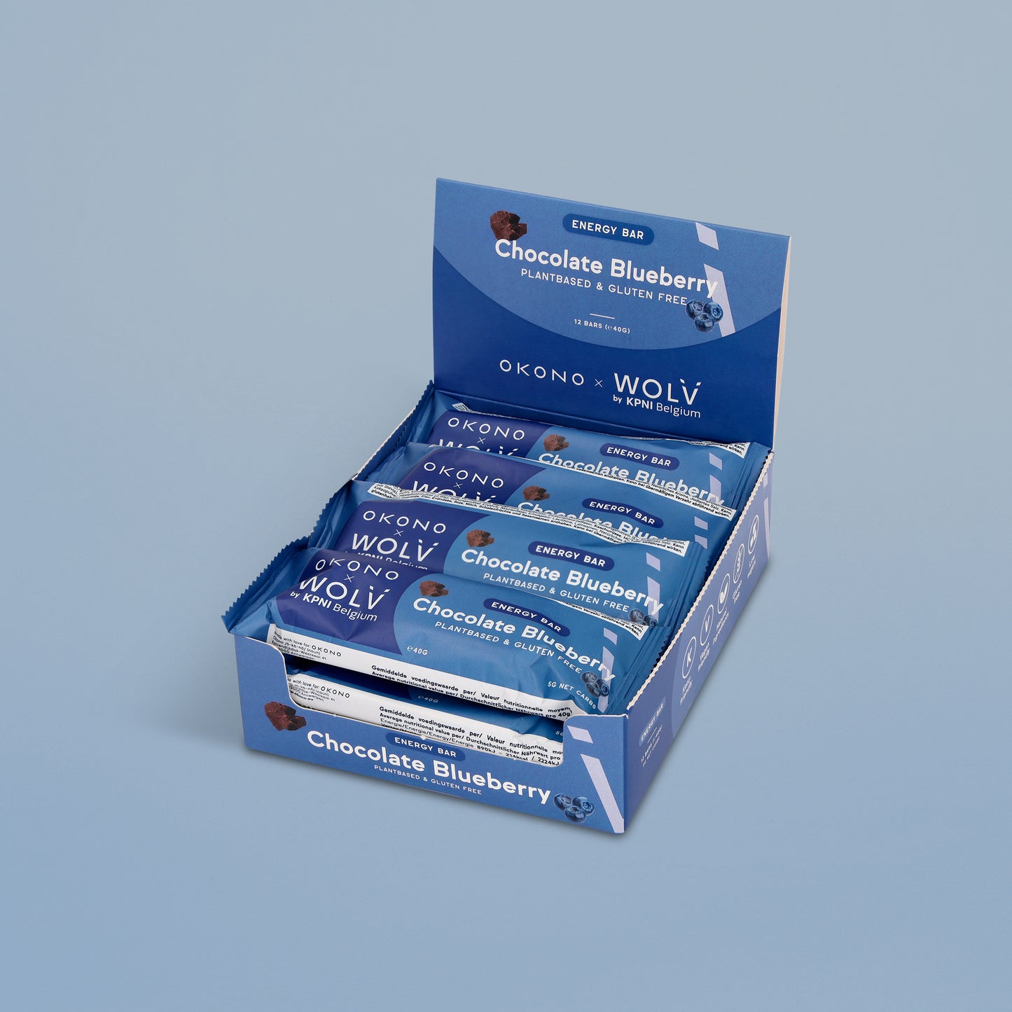 OKONO & WOLV by KPNI Belgium Energy Bar Box (12 bars of 40g) - Chocolate Blueberry - Plantbased & Gluten Free