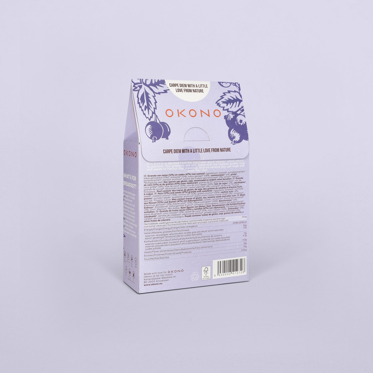 OKONO Nuts & Seeds Bio Granola - Blackcurrant Cashew Coconut - Packaging Back