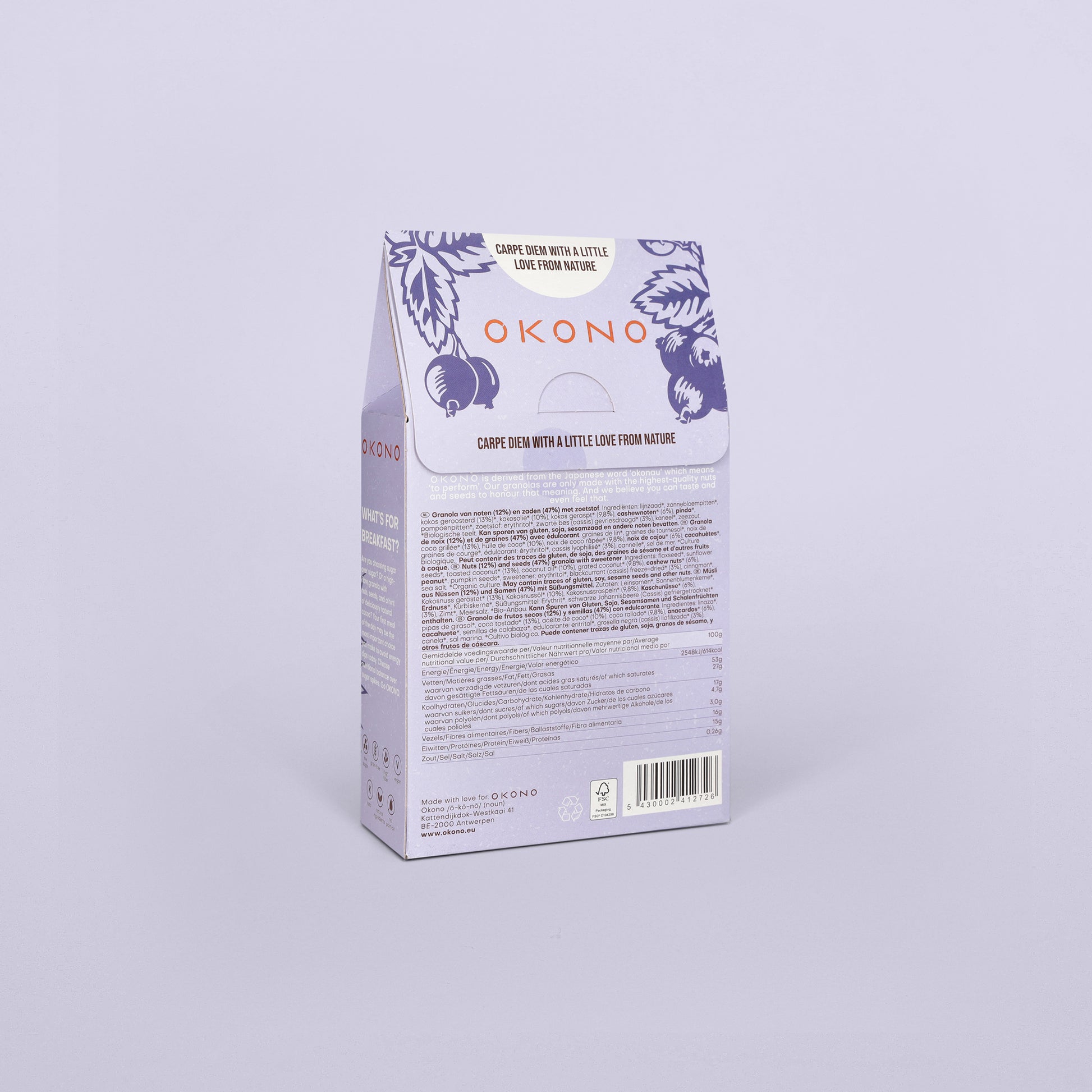 OKONO Nuts & Seeds Bio Granola - Blackcurrant Cashew Coconut - Packaging Back
