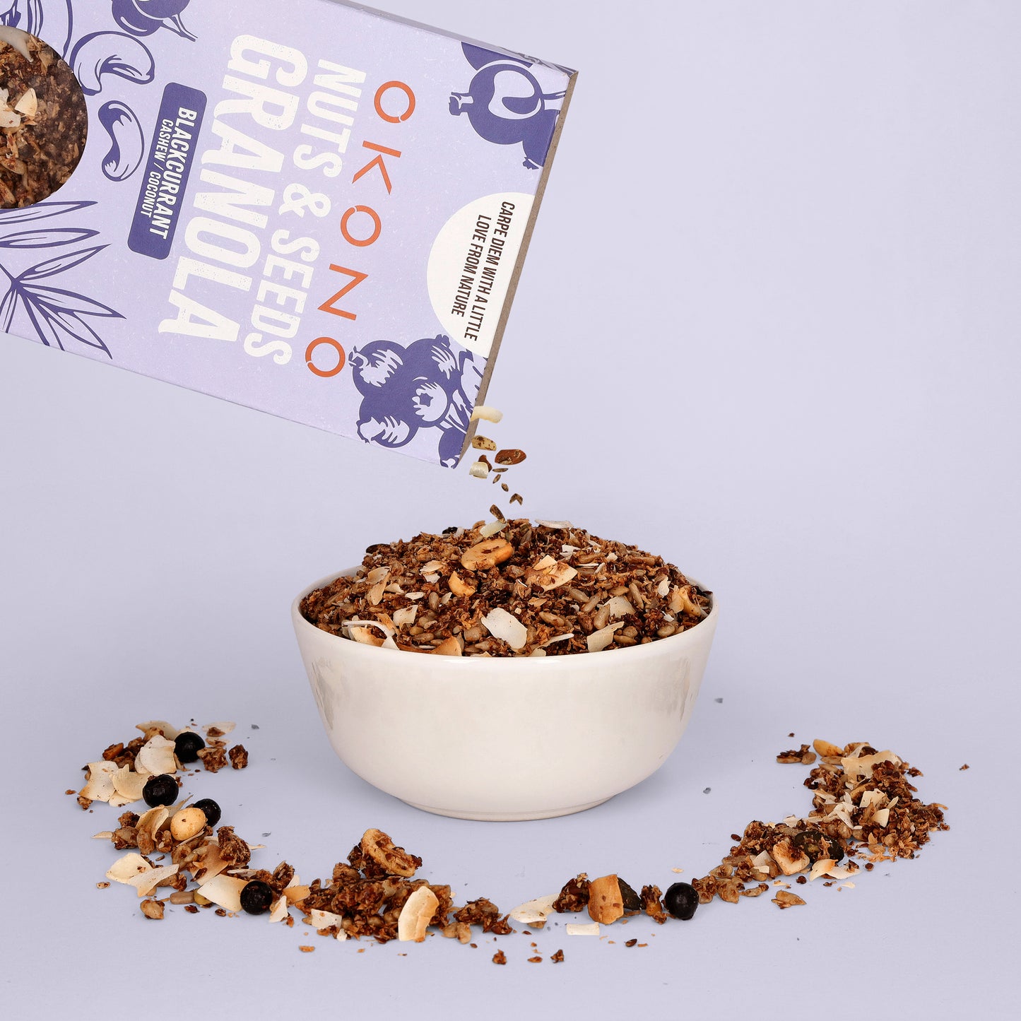 OKONO Nuts & Seeds Bio Granola - Blackcurrant Cashew Coconut - In a bowl