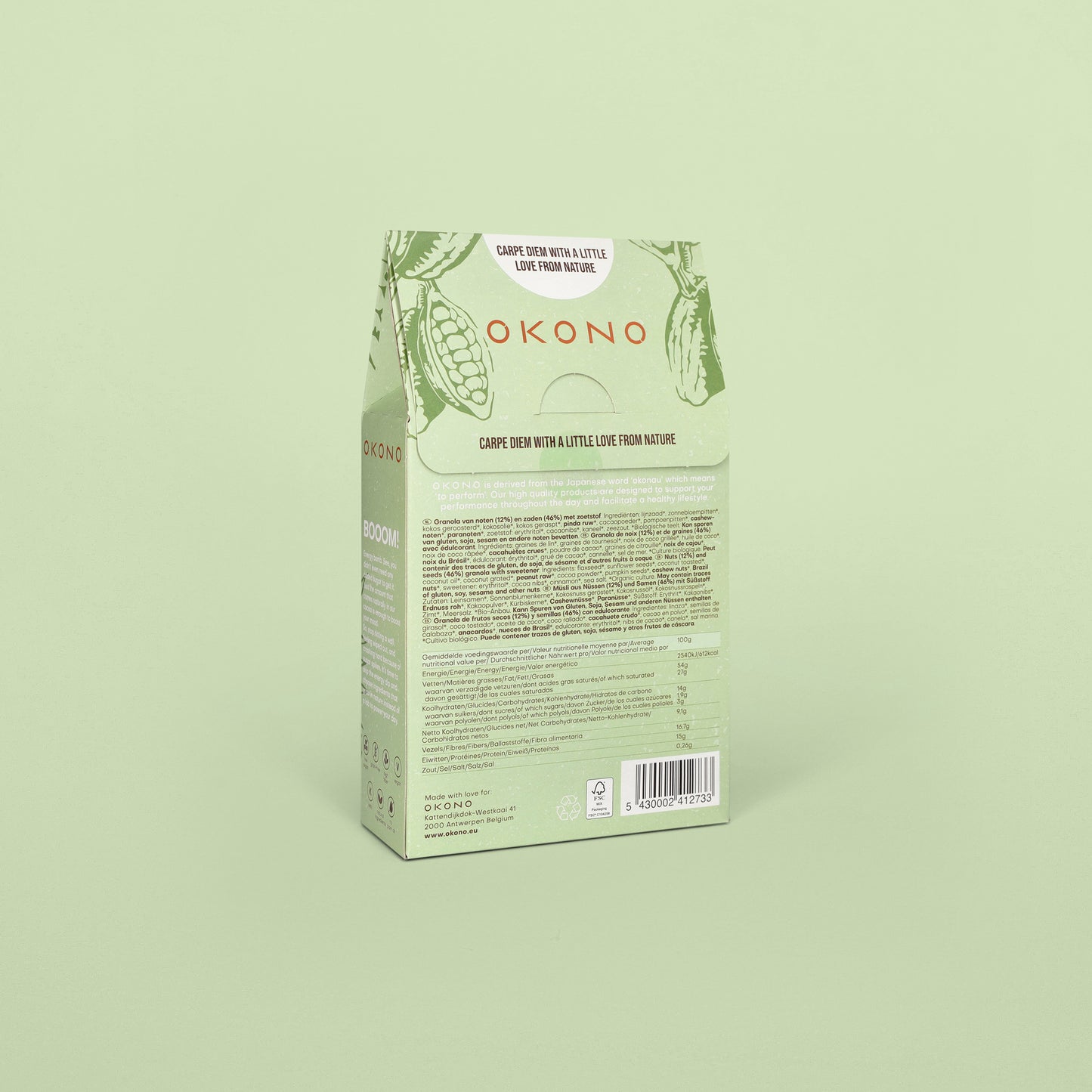 OKONO Nuts & Seeds Bio Granola - Cacoa Peanut Coconut - Packaging Back