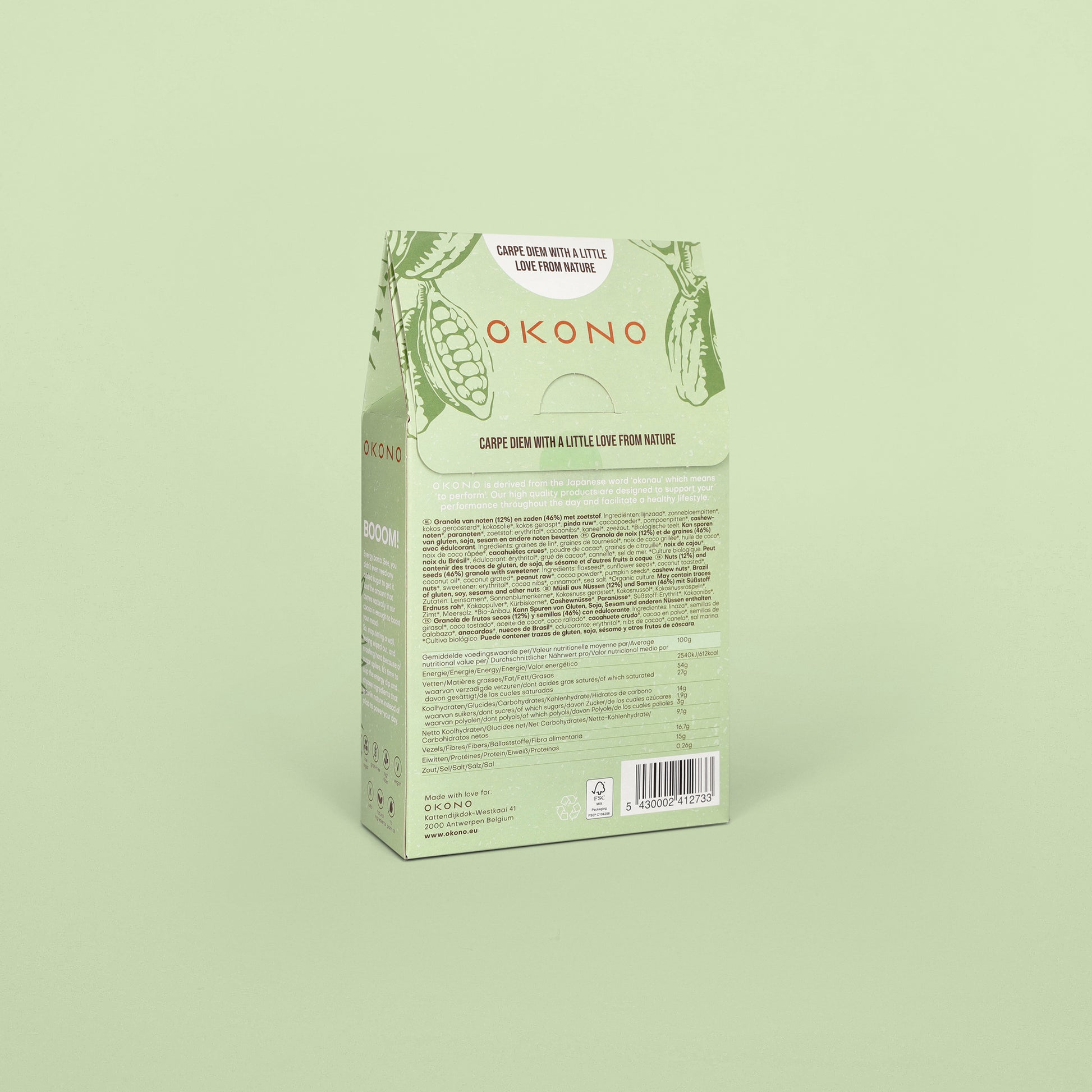OKONO Nuts & Seeds Bio Granola - Cacoa Peanut Coconut - Packaging Back