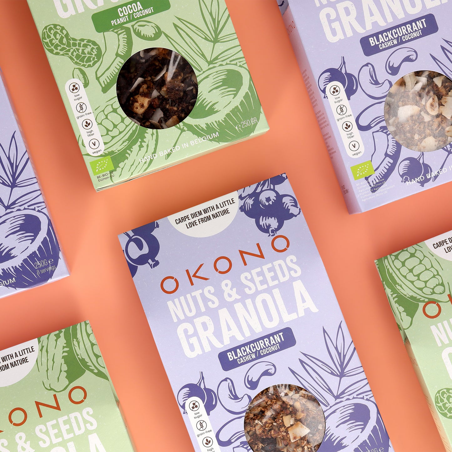 OKONO Nuts & Seeds Bio Granola Blackcurrant Cashew Coconut flavor And Cocoa Peanut Coconut flavor