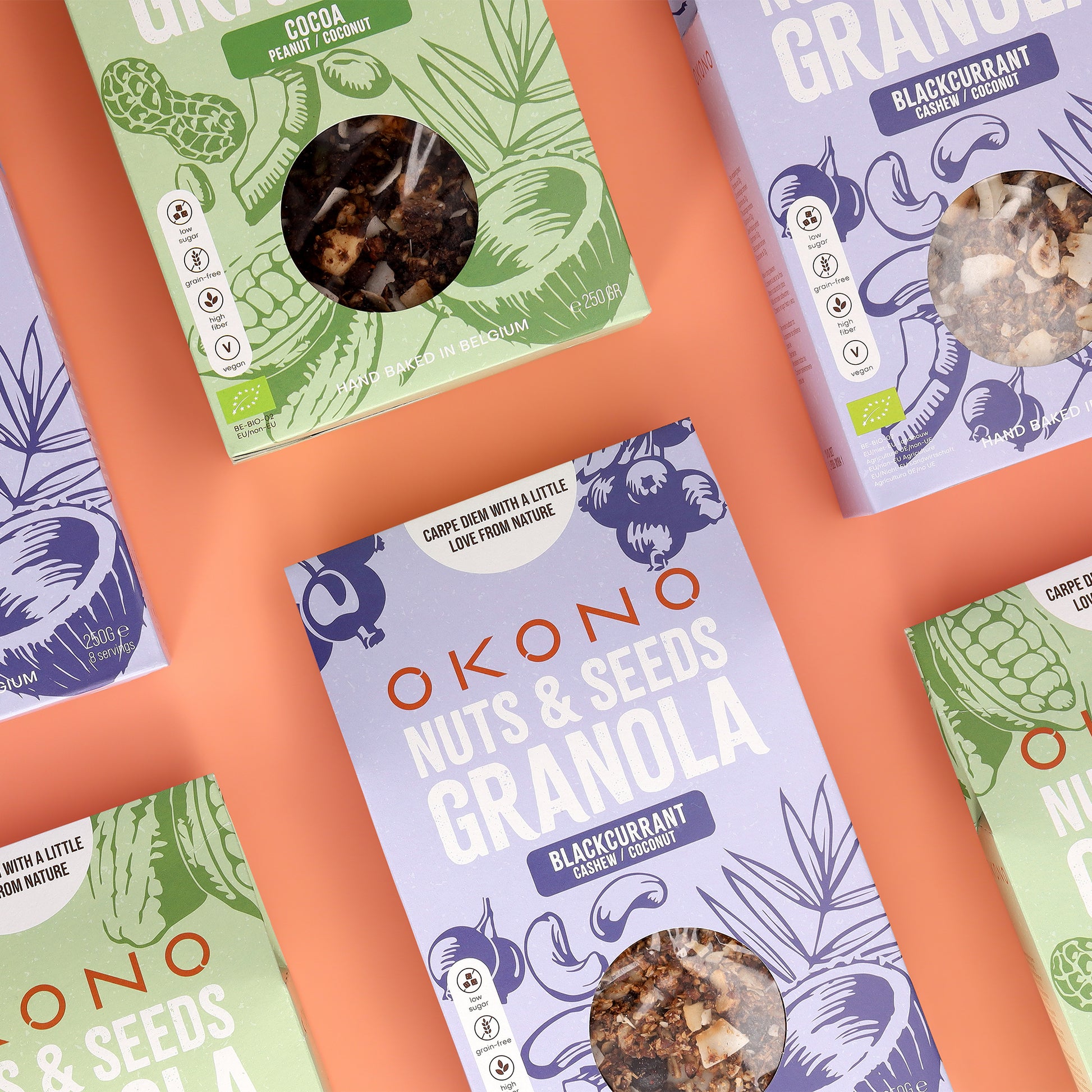 OKONO Nuts & Seeds Bio Granola Blackcurrant Cashew Coconut flavor And Cocoa Peanut Coconut flavor