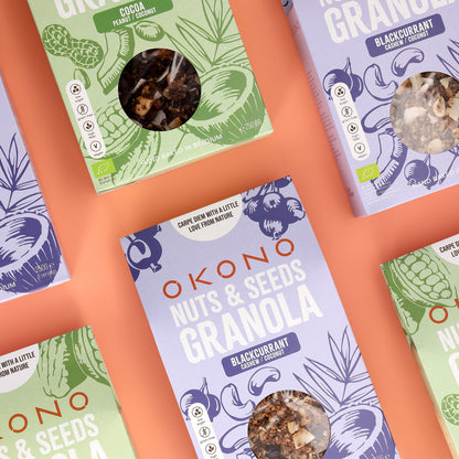 OKONO Nuts & Seeds Bio Granola Blackcurrant Cashew Coconut flavor And Cocoa Peanut Coconut flavor