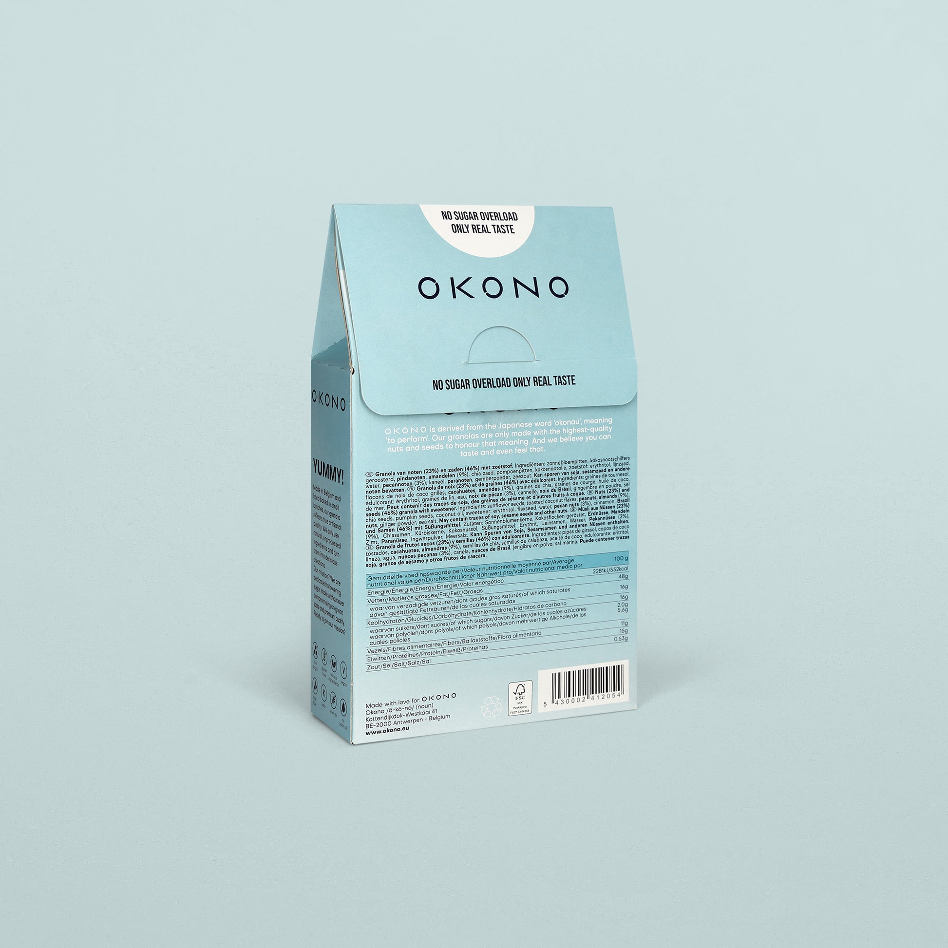 Granola OKONO Noix & Graines - No Nuts No Glory - Amande Noix de pécan - Dos de l'emballage